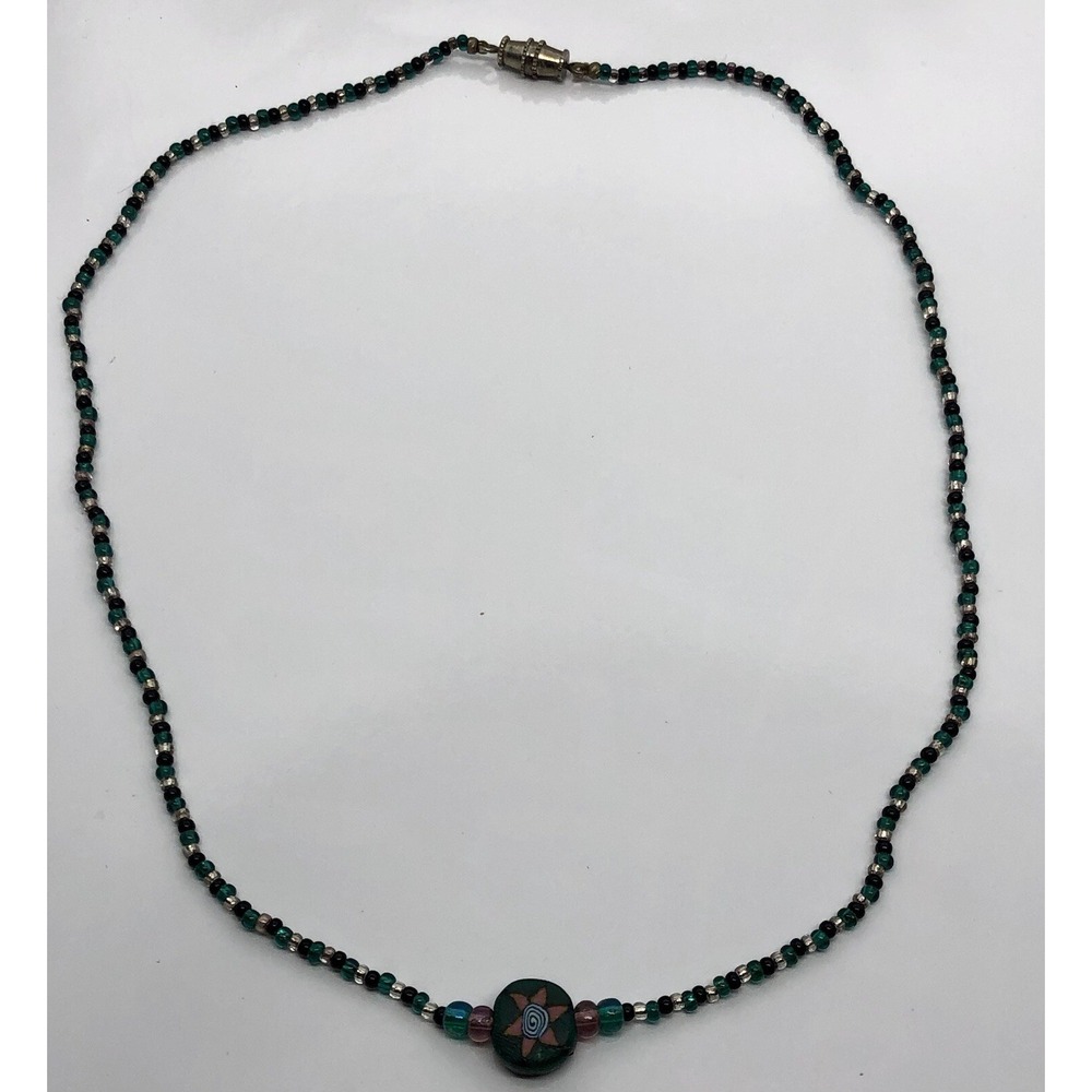 Hippie Boho Beaded Necklace Celestial, Bohemian Sun, Blue Silver Black Beads 16"